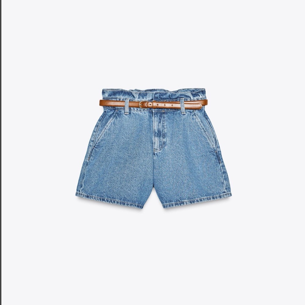 Zara Light Blue Denim Paperbag Shorts with Brown Stitching